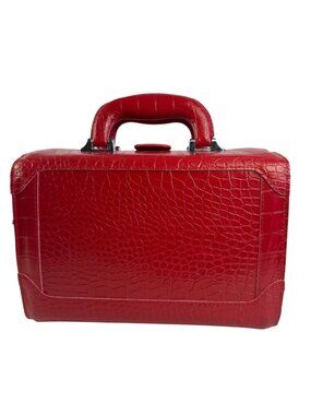 Vintage Macy's Red Faux Crocodile Jewelry Box Travel Train Case